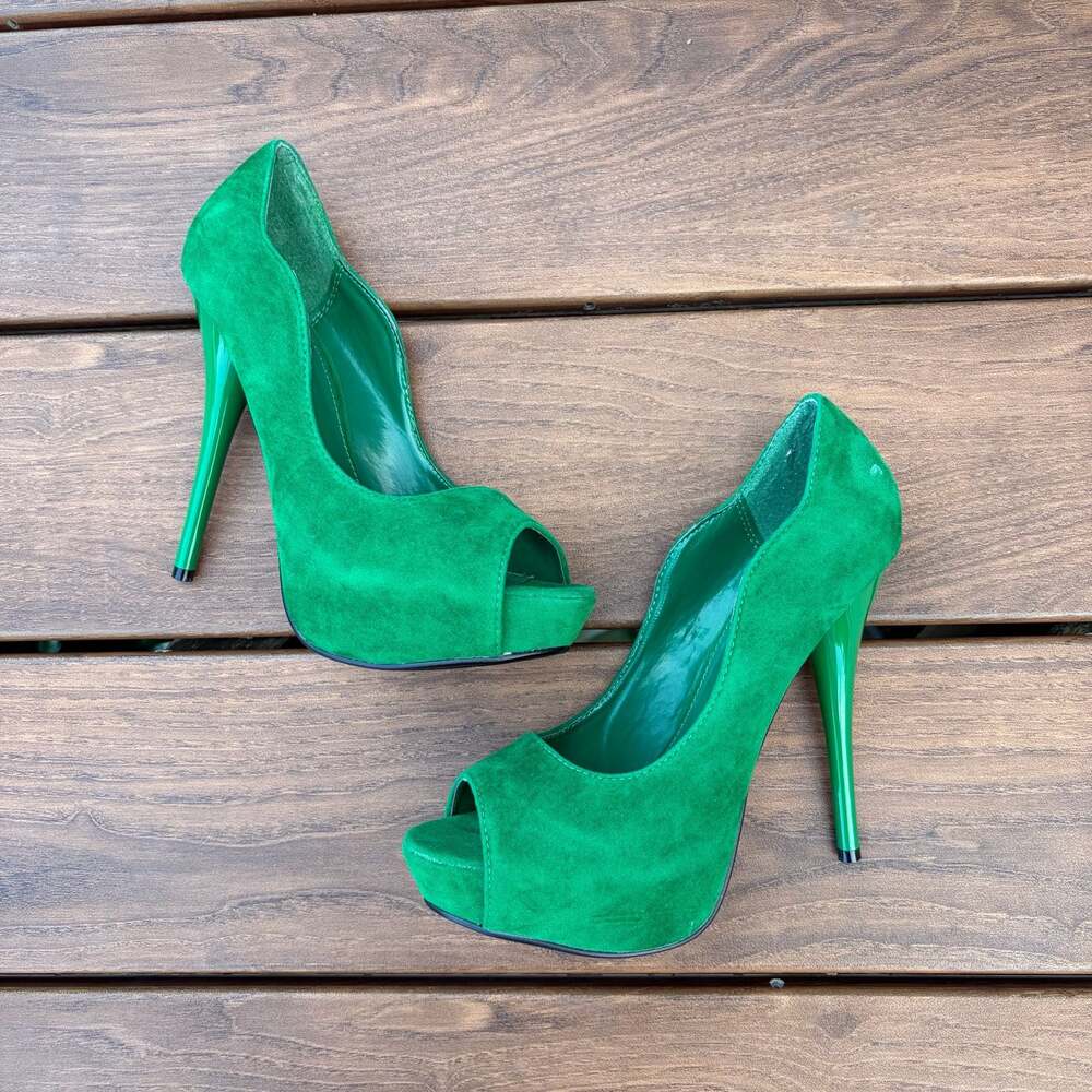 New Y2K Qupid Peep Toe Platform Stiletto Faux Suede Pumps Green Size 8.5 - Picture 2 of 13